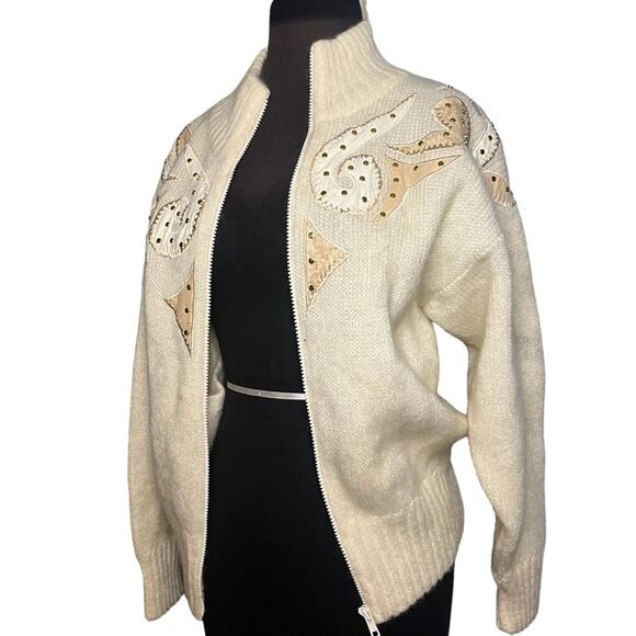 Vtg 80s Wool Mohair Embroidered Patchwork Cardigan Size S Old Money Coquette - Picture 2 of 9